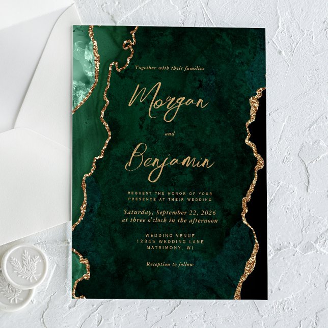 Modern Emerald Green Agate Script Wedding Acryleinladungen (Von Creator hochgeladen)