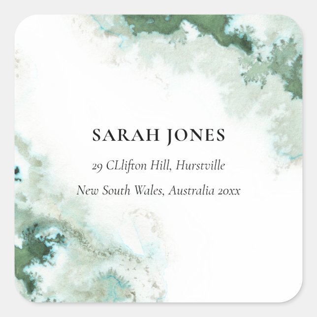Modern Emerald Green Aqua Silver Agate Adresse Quadratischer Aufkleber (Vorderseite)