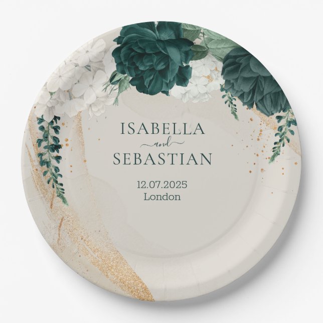 Modern Emerald Green Beige Floral Elegance Pappteller (Vorderseite)