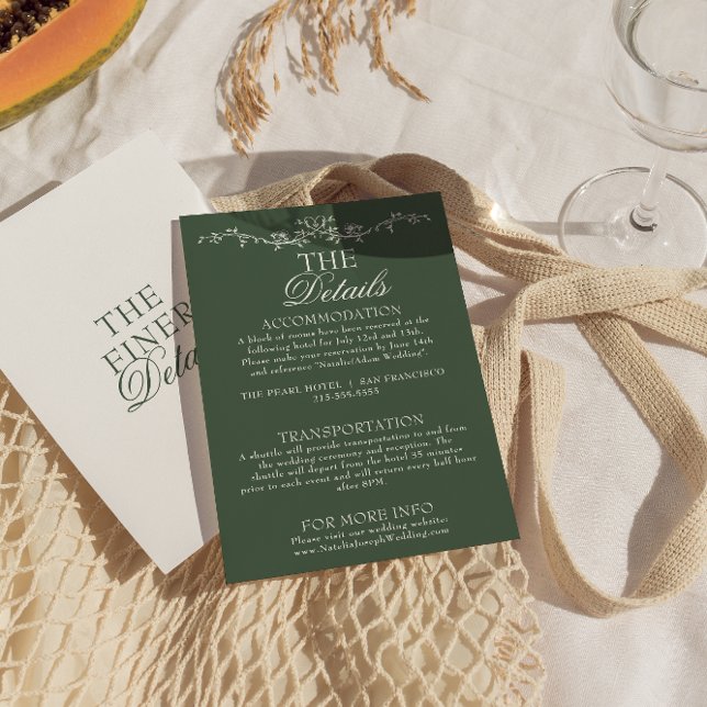 Modern Emerald Green Boho Floral Wedding Details Begleitkarte (Von Creator hochgeladen)