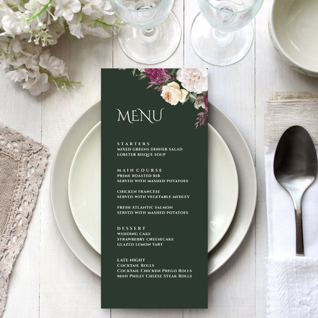 Modern Emerald Green Burgundy Peonies Menu Card Menükarte (Modern Emerald Green Burgundy Peonies Menu Card on an elegant wedding table)