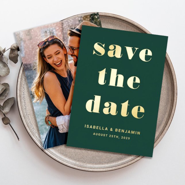 Modern Emerald Green Foto Save the Date Gold Folieneinladung (Modern Emerald Green Photo Save The Date Gold Foil Invitation)