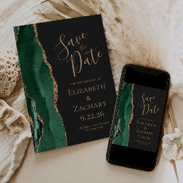 Modern Emerald Green Gold Agate Dark Save the Date