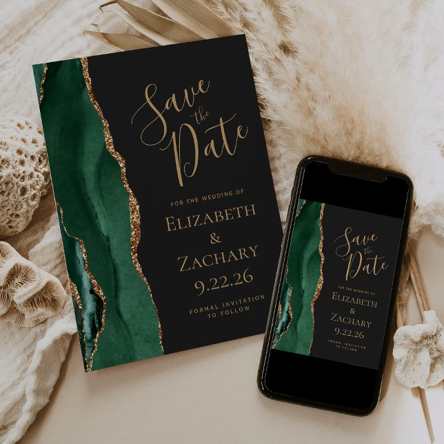 Modern Emerald Green Gold Agate Dark Save the Date (Von Creator hochgeladen)