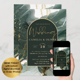 Modern Emerald Green Gold Agate Marble WEDDING Einladung