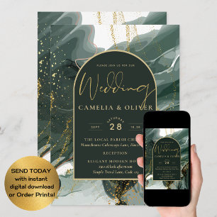 Modern Emerald Green Gold Agate Marble WEDDING Einladung