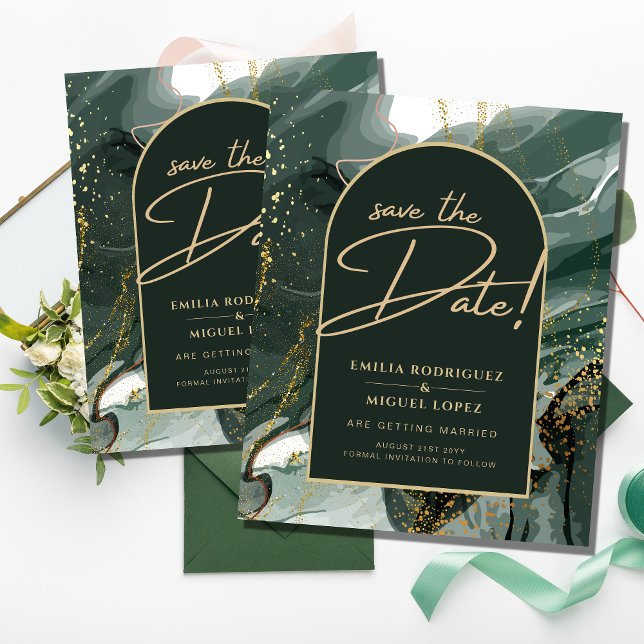 Modern Emerald Green Gold Agate Marble WEDDING Flyer (Von Creator hochgeladen)