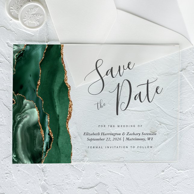 Modern Emerald Green Gold Agate Save the Date Card Acryleinladungen (Von Creator hochgeladen)