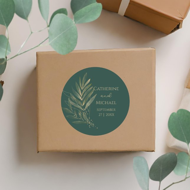 Modern Emerald Green Gold Leaf Wedding Monogram Runder Aufkleber (Von Creator hochgeladen)