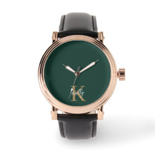 Modern Emerald Green Gold Monogram Script Armbanduhr
