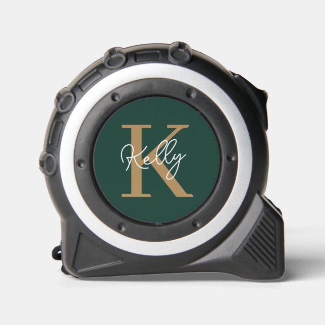 Modern Emerald Green Gold Monogram Script Maßband (Vorderseite)