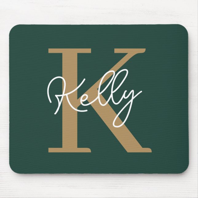 Modern Emerald Green Gold Monogram Script Mousepad (Vorne)