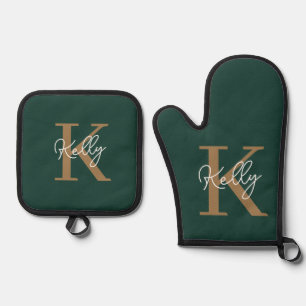 Modern Emerald Green Gold Monogram Script Ofenhandschuh & Topflappen-Set