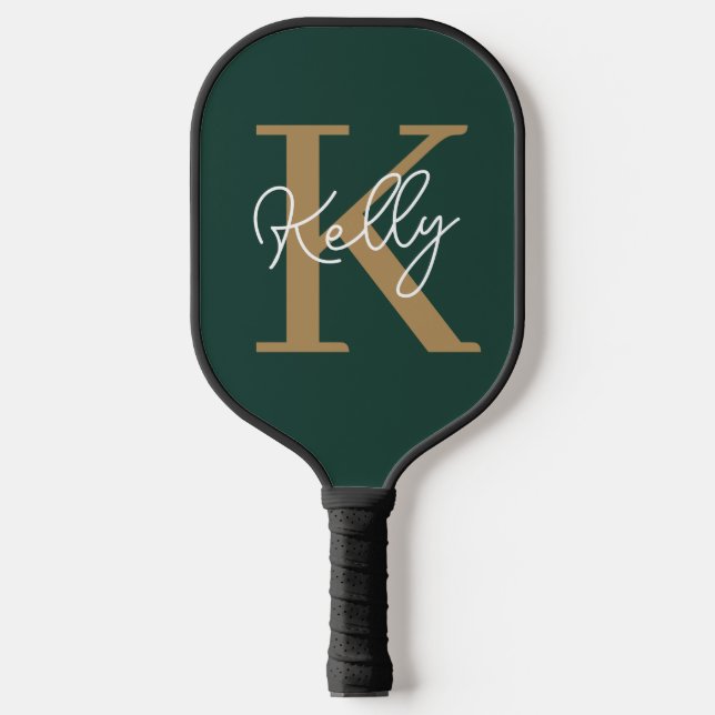 Modern Emerald Green Gold Monogram Script Pickleball Schläger (Vorderseite)