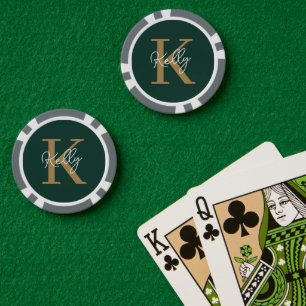 Modern Emerald Green Gold Monogram Script Pokerchips