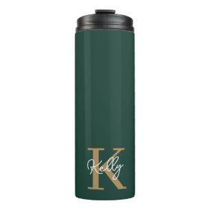 Modern Emerald Green Gold Monogram Script Thermosbecher