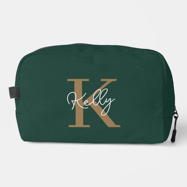 Modern Emerald Green Gold Monogram Script Waschbeutel (Vorderseite)