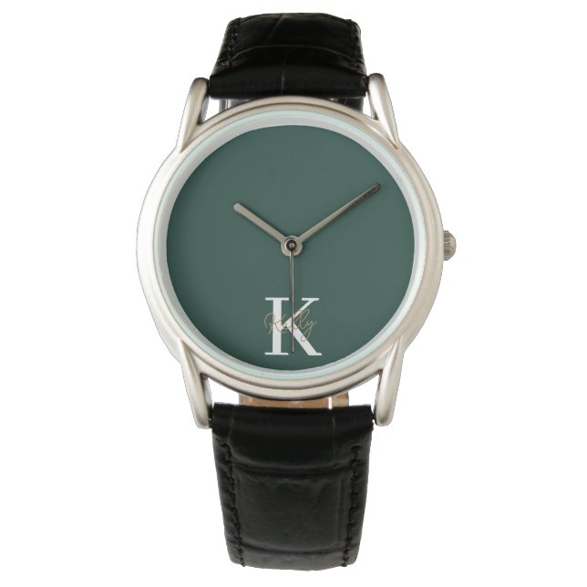 Modern Emerald Green Monogram Script Armbanduhr (Vorderseite)