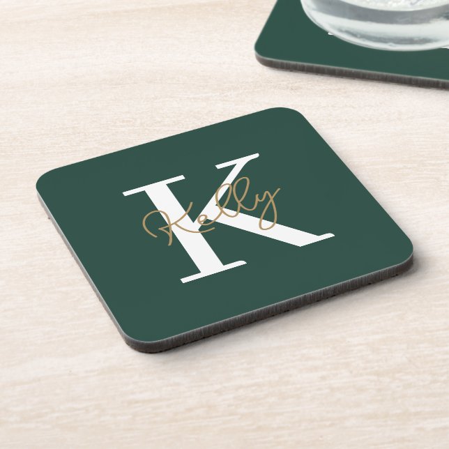 Modern Emerald Green Monogram Script Getränkeuntersetzer (Linke Seite)