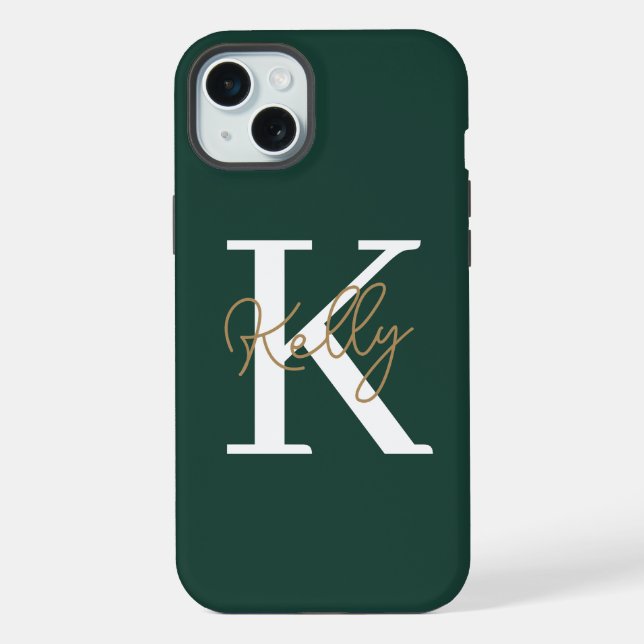 Modern Emerald Green Monogram Script iPhone Hülle (Rückseite)
