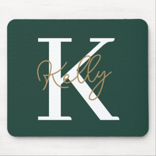 Modern Emerald Green Monogram Script Mousepad