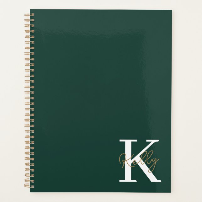 Modern Emerald Green Monogram Script Planer (Vorderseite)