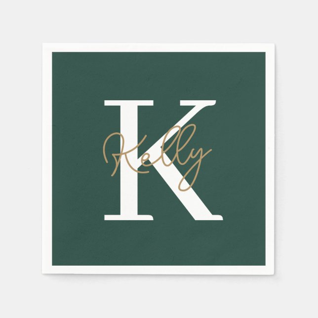 Modern Emerald Green Monogram Script Serviette (Vorderseite)