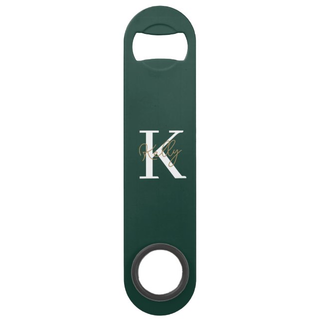 Modern Emerald Green Monogram Script Speed Flaschenöffner (Vorderseite)