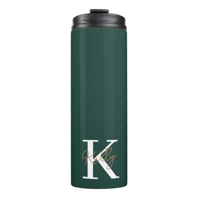 Modern Emerald Green Monogram Script Thermosbecher (Vorderseite)