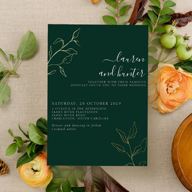 Modern Emerald Green Script Botanical Wedding Gold Folieneinladung (Von Creator hochgeladen)