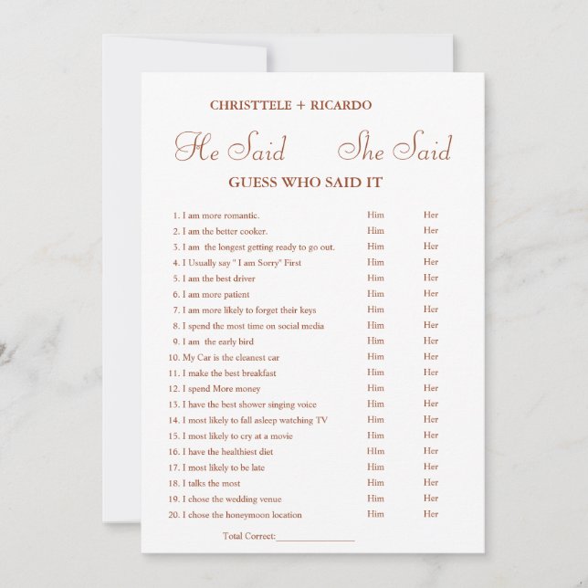 Modern Er sagte, sie habe Brautparty-Spielkarte ge Ankündigung (Vorderseite)