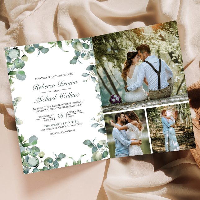 Modern Eucalyptus Photo Collage QR Code Wedding Einladung (Von Creator hochgeladen)