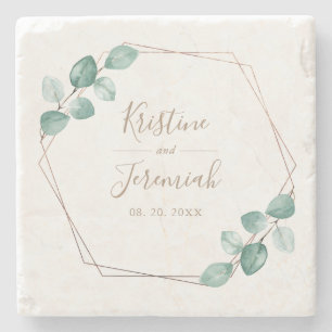 Modern Eucalyptus Watercolor Gold Script Hochzeit Steinuntersetzer