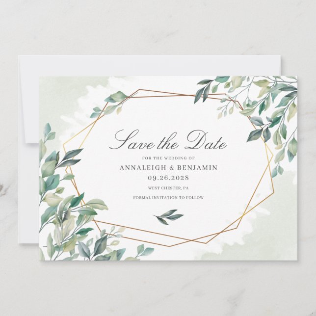 Modern Eukalyptus Greenery Gold Geometric Wedding Save The Date (Vorderseite)