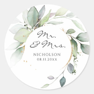 Modern Eukalyptus Greenery Gold Mr. & Mrs. Runder Aufkleber