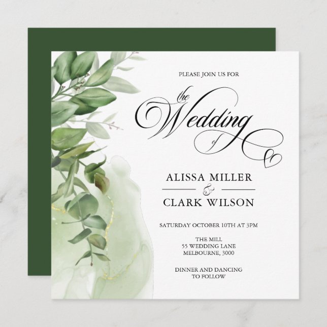 Modern Eukalyptus Greenery Gold Wedding Einladung (Vorne/Hinten)