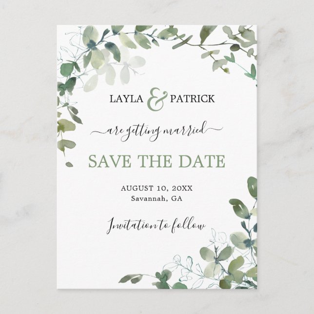 Modern Eukalyptus Greenery Save the Date Postkarte (Vorderseite)
