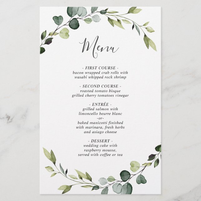 Modern Eukalyptus Wreath Wedding Dinner Menu (Vorderseite)