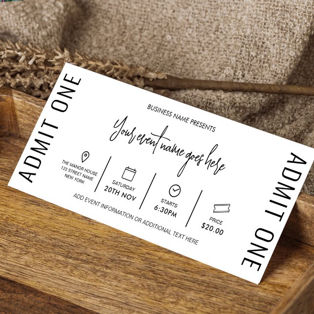 Modern Event Ticket Business Logo Gala Entry Pass Einladung (Modern business event ticket with trendy fonts, icons and space for your business info)