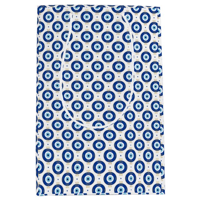 Modern Evil Eye Pattern Blue & Gold Protection Mittlere Geschenktüte (Vorderseite)