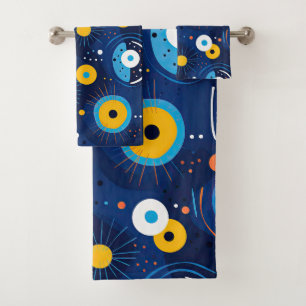 Modern Evil Eye Pattern Navy Blue BOHO Badhandtuch Set