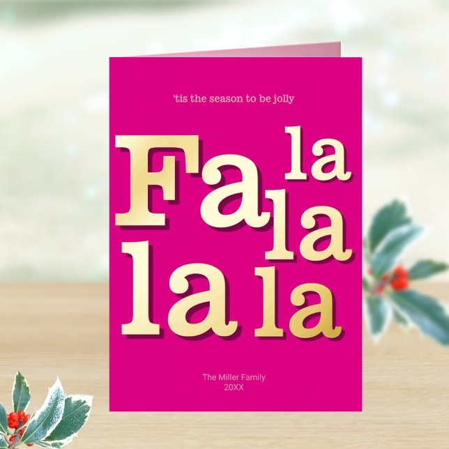 Modern Fa La Hot Pink einfach Minimal Chic Gold (Real gold foil printing gives these modern typography folded Christmas cards a touch of elegance)