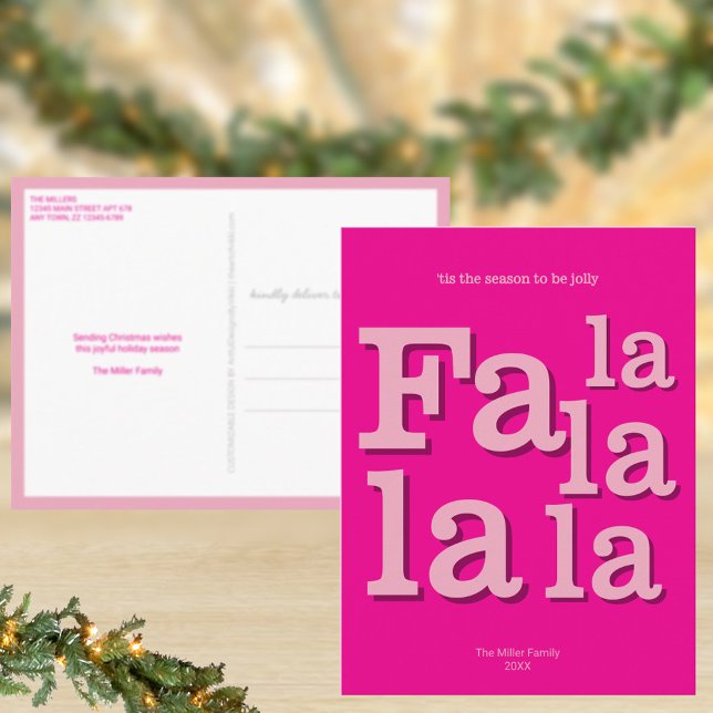 Modern Fa La Hot Pink Einfache Weihnachtszeit Postkarte (Christmas postcards with your custom text and optional return address)