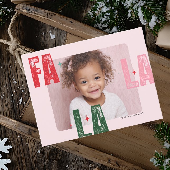Modern Fa La La Christmas Foto | Rosa und Rot Postkarte (Von Creator hochgeladen)