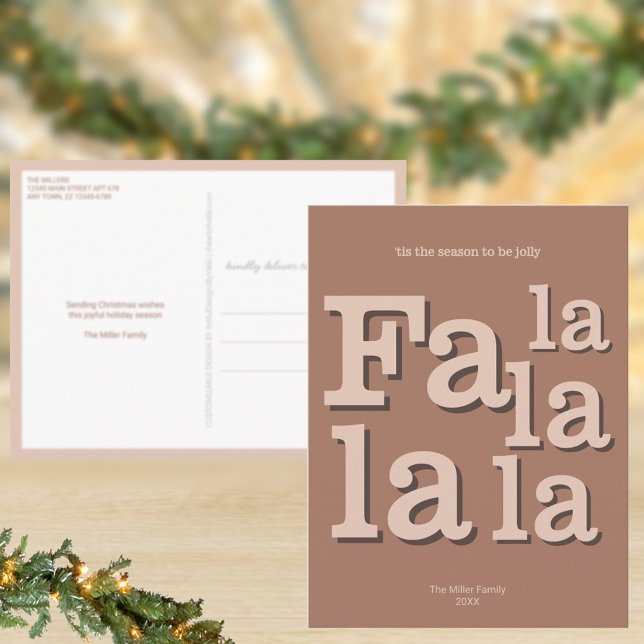 Modern Fa La Mocha Einfache Weihnachtszeit Postkarte (Earthy colors for Christmas, mocha brown, and bold typography equals fun holiday postcards)