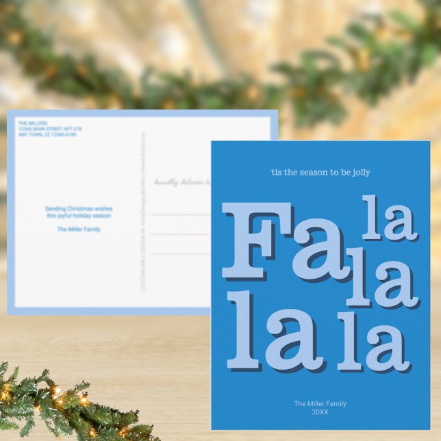 Modern Fa La Sky Blue Einfache Weihnachtszeit Postkarte (Christmas postcards in a bold blue Fa la la la la typography design for a modern look)