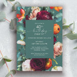 Modern Fall Floral Aquamarin 40. Geburtstag Party Einladung<br><div class="desc">Eine moderne Herbst-Blumengeburtstagsfeier in einer farbenfrohen Farbpalette in aquamarinen, bordeauxroten, orangefarbenen und rot-rosa Farbtönen bildet einen schönen Blumenrand, der Ihren Text umgibt. Diese Farben werden oft vom Spätsommer bis zum Herbst und bis in die Wintermonate verwendet. Ein dünner, handgeschriebener Skripttyp sieht sich Zaubern des Wortes Geburtstag im sorglosen Stil gegenüber....</div>