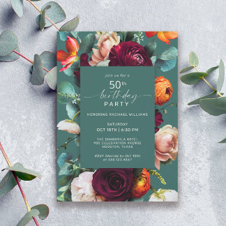 Modern Fall Floral Aquamarin 50. Geburtstagsparty Einladung