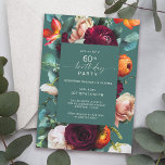 Modern Fall Floral Aquamarin 60. Geburtstagsparty Einladung<br><div class="desc">Eine moderne Herbst-Blumengeburtstagsfeier in einer aquamarinen, bordeauxroten Farbpalette mit Schmuckfarben, Rosset-Orange und Blütenrosa schafft einen schönen Rahmen, der Ihren Text umgibt. Diese Farben werden oft vom Spätsommer bis zum Herbst und bis in die Wintermonate verwendet. Ein dünner, handgeschriebener Skripttyp sieht sich Zaubern des Wortes Geburtstag im sorglosen Stil gegenüber. Personalisieren...</div>