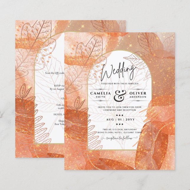 Modern Fall Terracotta Orange Leaf Wedite Einladun (Vorne/Hinten)